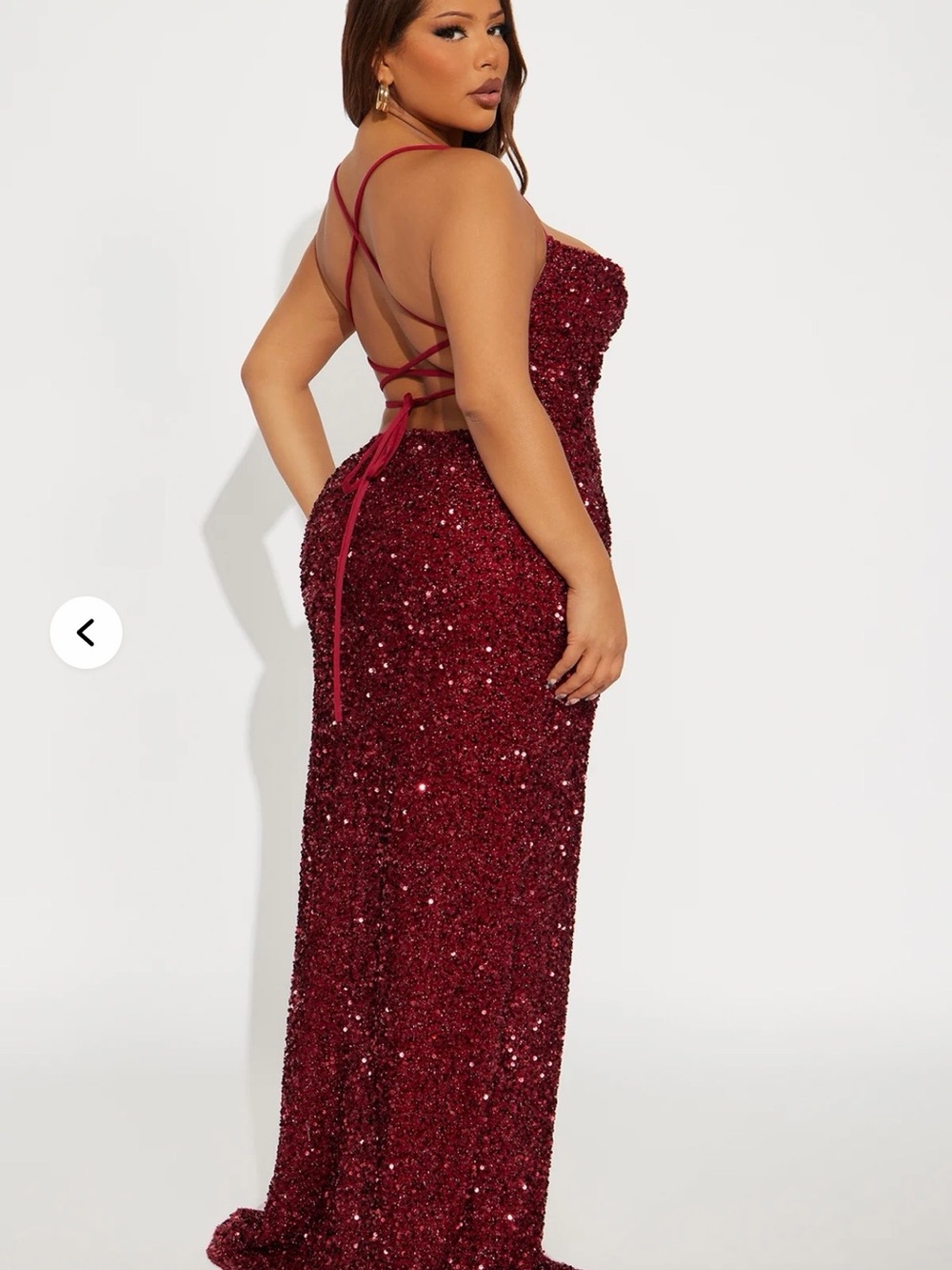 Fashion Nova Burgundy Sequin Backless Gown